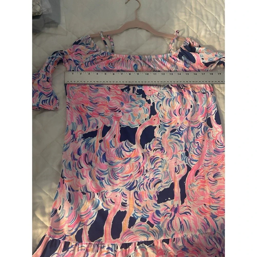 Lilly Pulitzer Kids XL 12-14 Flamingo Print Cold Shoulder Ruffle Dress Cotton